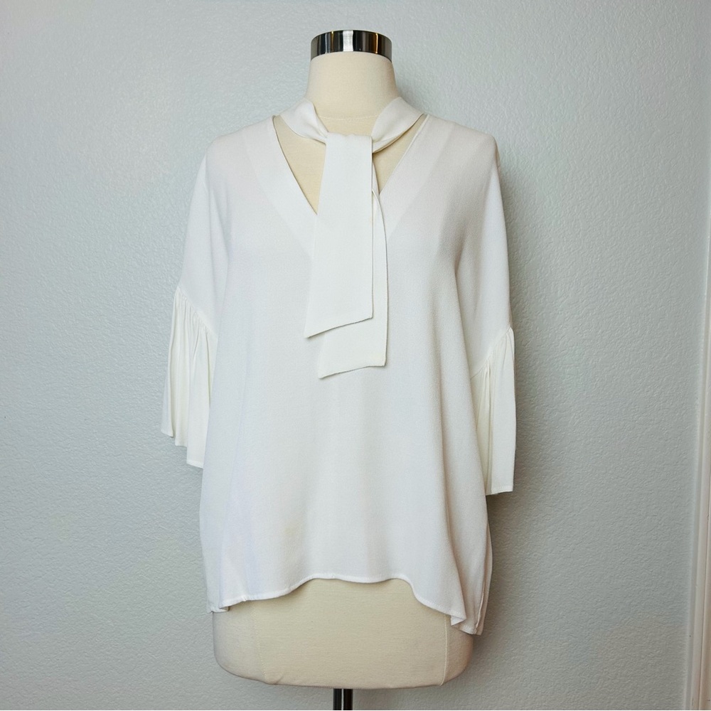 Zara Woman Blouse Tunic Women's Size M Ivory Bell Sleeves Tie Neck Relax Fit Top